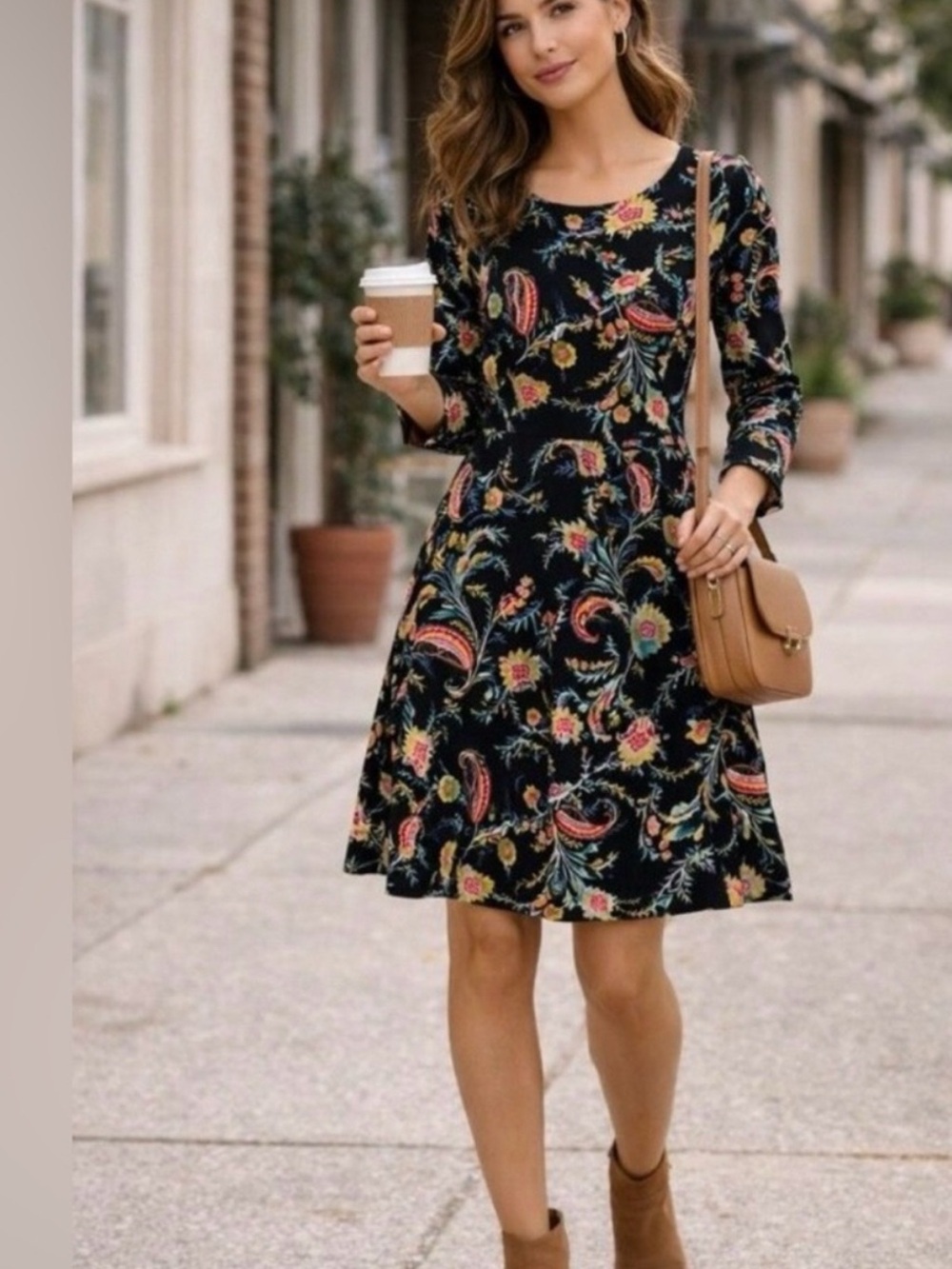 LOFT Black Paisley Floral Long Sleeve Fit-and-Flare Dress